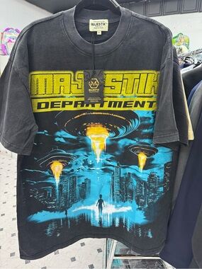 Majestik Men's Black Graphic UFO Print Shirt - Yellow & Blue